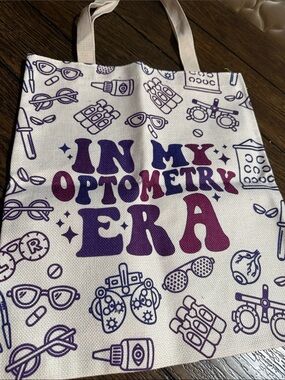 Hand Crafted White Tote with Purple and Magenta Optometry Print